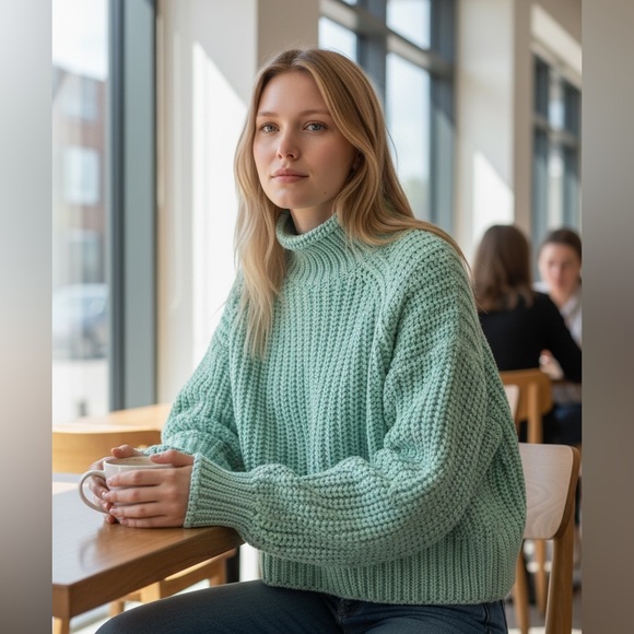 H&M Sweaters - H&M Chunky Knit Sweater Women’s Medium Green Mock Neck Cropped – NWT